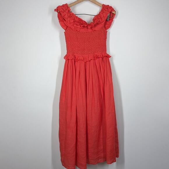 SEA New York Frida Off The Shoulder Smocked Midi Dress Coral Poppy XXS - Picture 4 of 14